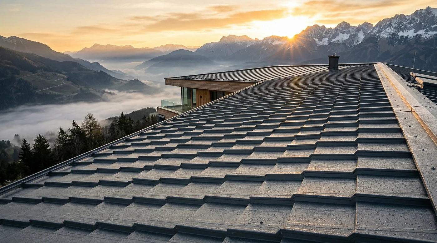 Blechdachpfanne auf Berghaus mit Alpenpanorama