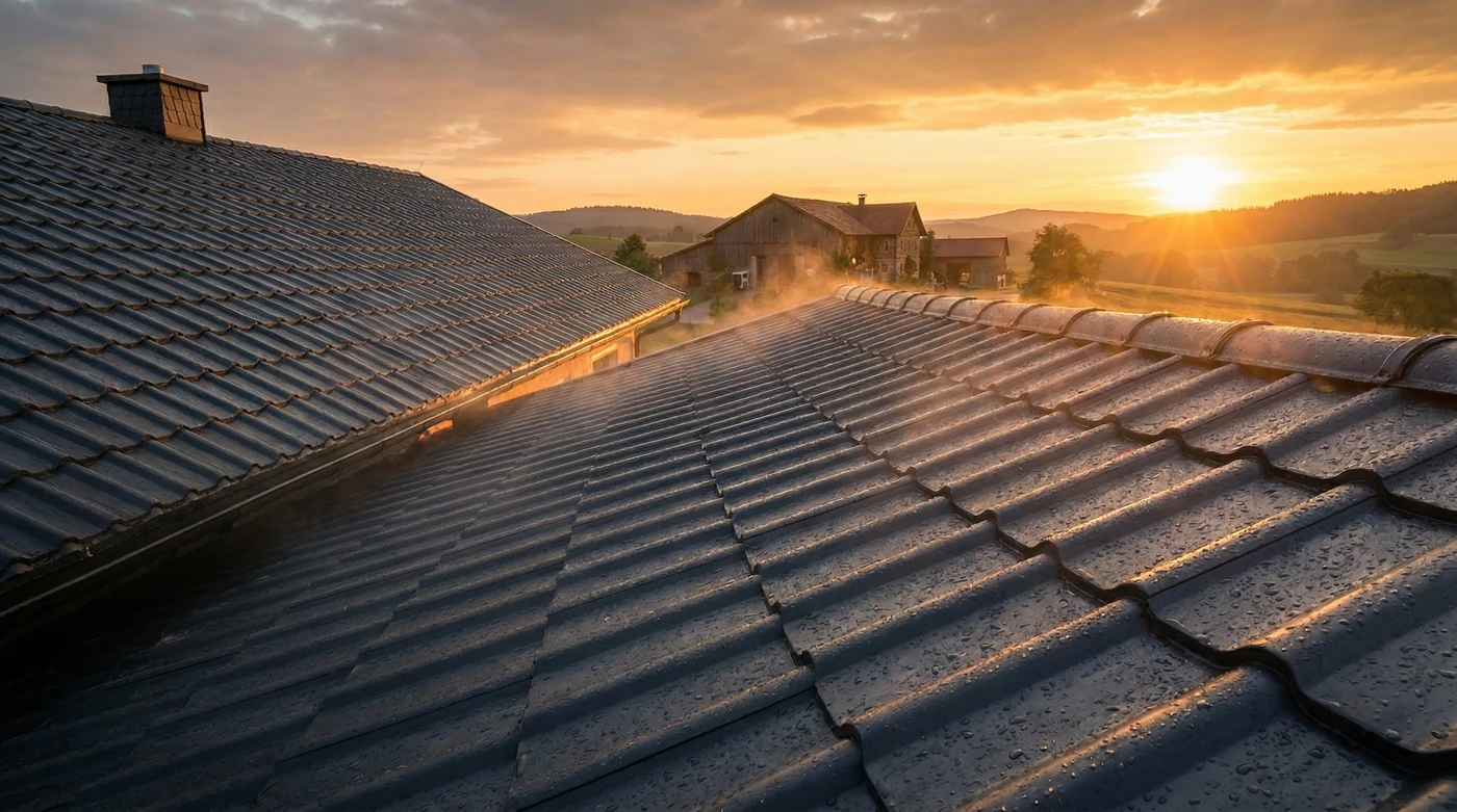 Blechdachpfanne auf Hausdach bei Sonnenuntergang