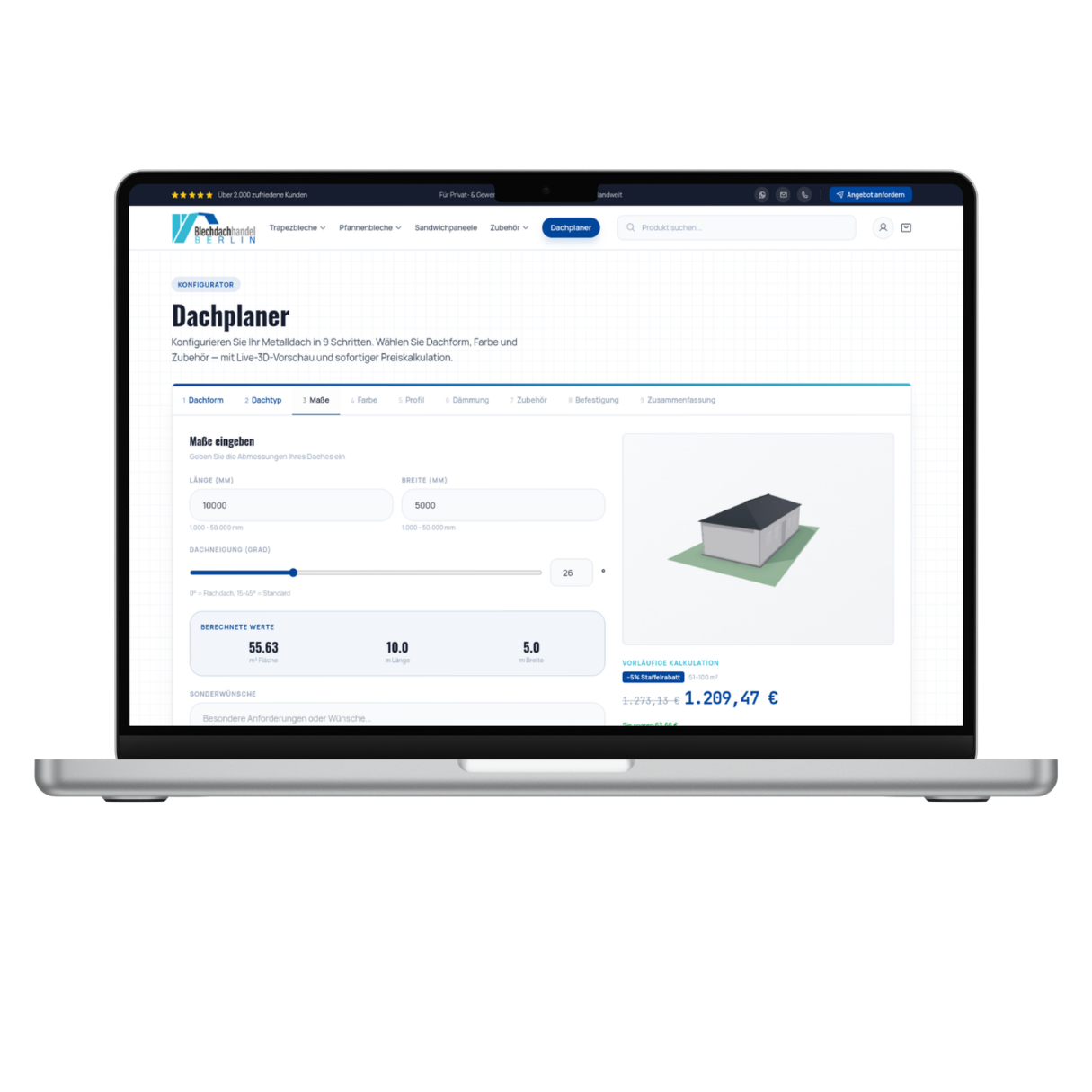 Dachplaner Vorschau — Konfigurator mit 3D-Ansicht